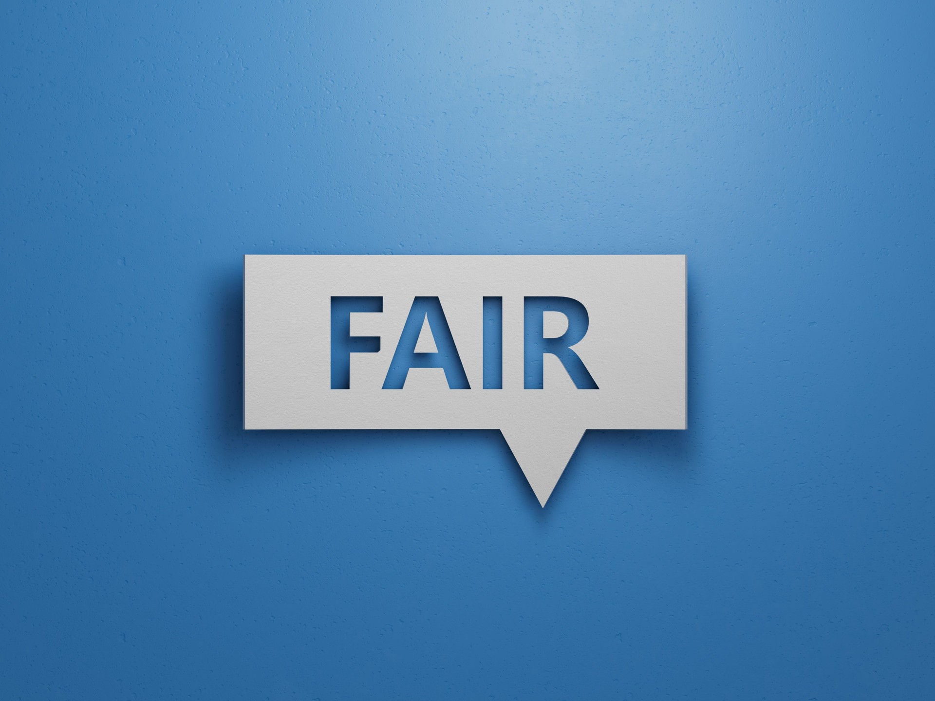 Speech Bubble block with FAIR business word. Mission,t.Minimalist Abstract Design With White Cut Out Paper.3D rendering on blue background.